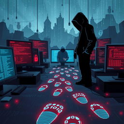 A dramatic illustration of digital footprints related to hacking