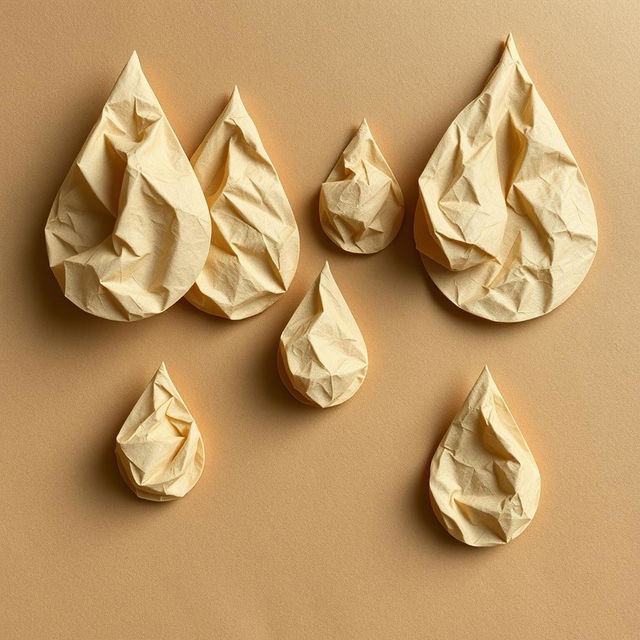 Create an image of raindrops made from crumpled kraft paper