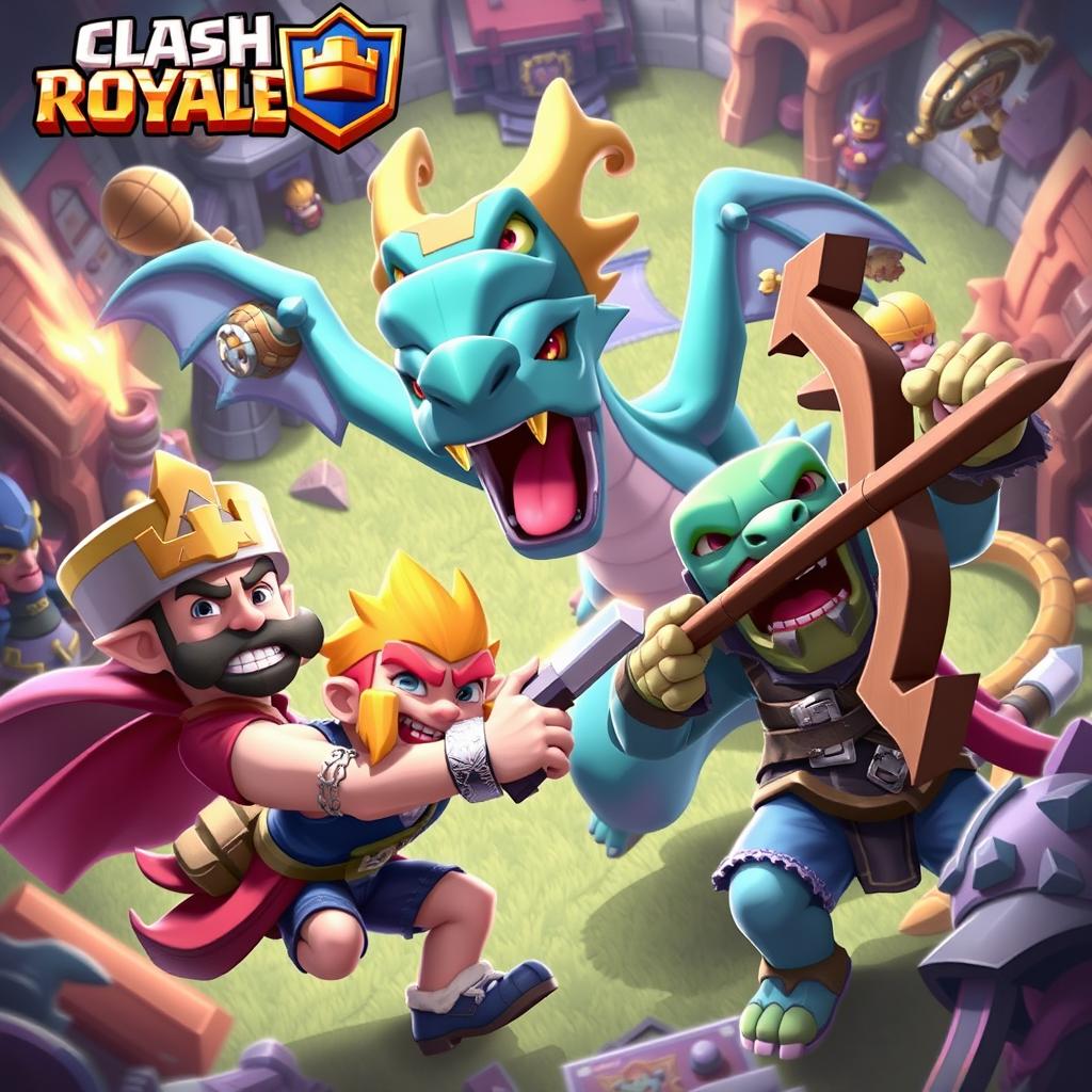 A dynamic and action-packed scene from Clash Royale, featuring iconic characters like the Prince, Baby Dragon, and Archer in the midst of an intense battle