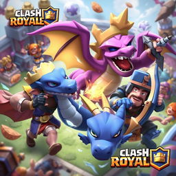 A dynamic and action-packed scene from Clash Royale, featuring iconic characters like the Prince, Baby Dragon, and Archer in the midst of an intense battle