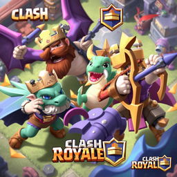 A dynamic and action-packed scene from Clash Royale, featuring iconic characters like the Prince, Baby Dragon, and Archer in the midst of an intense battle