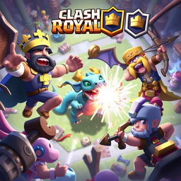 A dynamic and action-packed scene from Clash Royale, featuring iconic characters like the Prince, Baby Dragon, and Archer in the midst of an intense battle