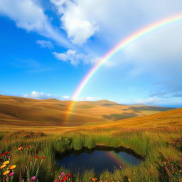 A beautiful landscape with rolling hills, a clear blue sky, and a vibrant rainbow stretching across the horizon