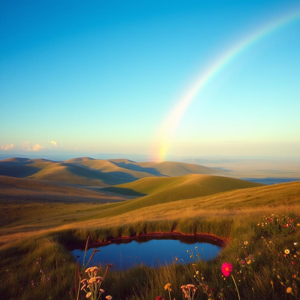 A beautiful landscape with rolling hills, a clear blue sky, and a vibrant rainbow stretching across the horizon