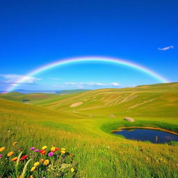 A beautiful landscape with rolling hills, a clear blue sky, and a vibrant rainbow stretching across the horizon