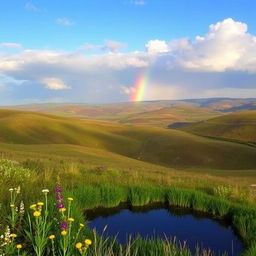 A beautiful landscape with rolling hills, a clear blue sky, and a vibrant rainbow stretching across the horizon