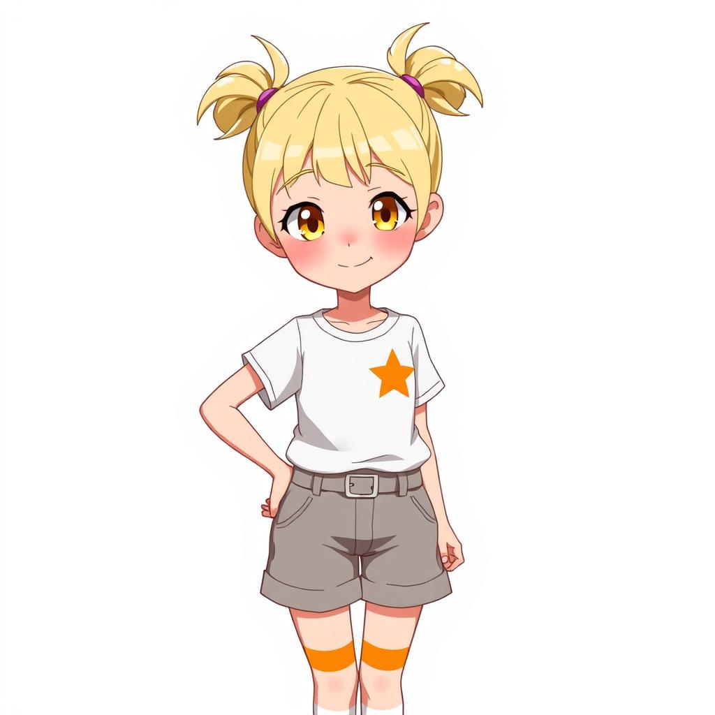 A girl with two ponytails on her head, wearing a T-shirt with an orange star in the corner, grey shorts with a belt, white socks with orange stripes