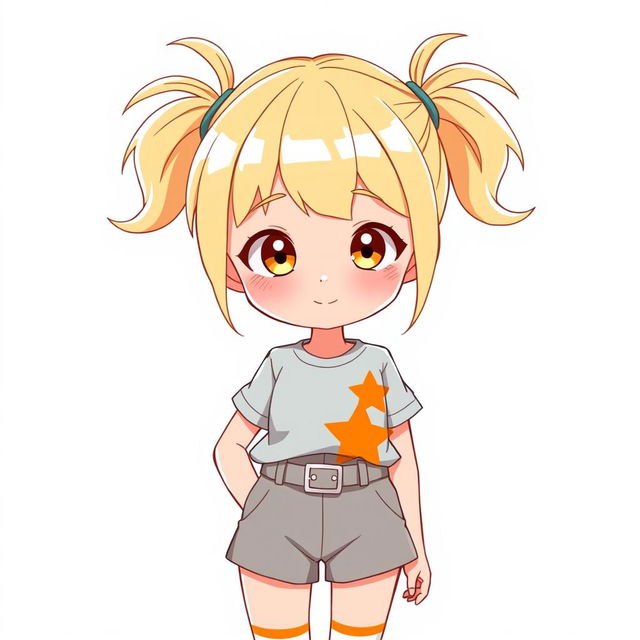 A girl with two ponytails on her head, wearing a T-shirt with an orange star in the corner, grey shorts with a belt, white socks with orange stripes