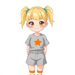 A girl with two ponytails on her head, wearing a T-shirt with an orange star in the corner, grey shorts with a belt, white socks with orange stripes