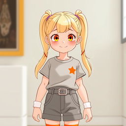 A girl with two ponytails on her head, wearing a T-shirt with an orange star in the corner, grey shorts with a belt, white socks with orange stripes