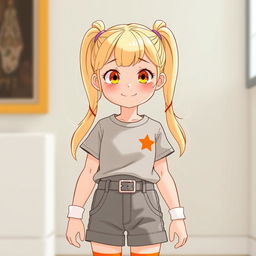 A girl with two ponytails on her head, wearing a T-shirt with an orange star in the corner, grey shorts with a belt, white socks with orange stripes