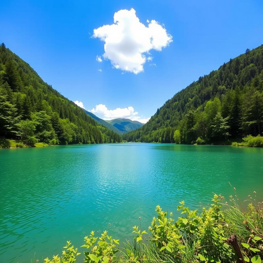 A beautiful landscape featuring a serene lake surrounded by lush green forests, with a clear blue sky and a few fluffy white clouds