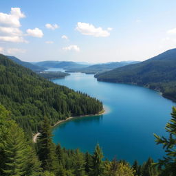 A beautiful landscape featuring a serene lake surrounded by lush green forests, with a clear blue sky and a few fluffy white clouds