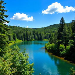 A beautiful landscape featuring a serene lake surrounded by lush green forests, with a clear blue sky and a few fluffy white clouds