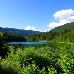 A beautiful landscape featuring a serene lake surrounded by lush green forests, with a clear blue sky and a few fluffy white clouds