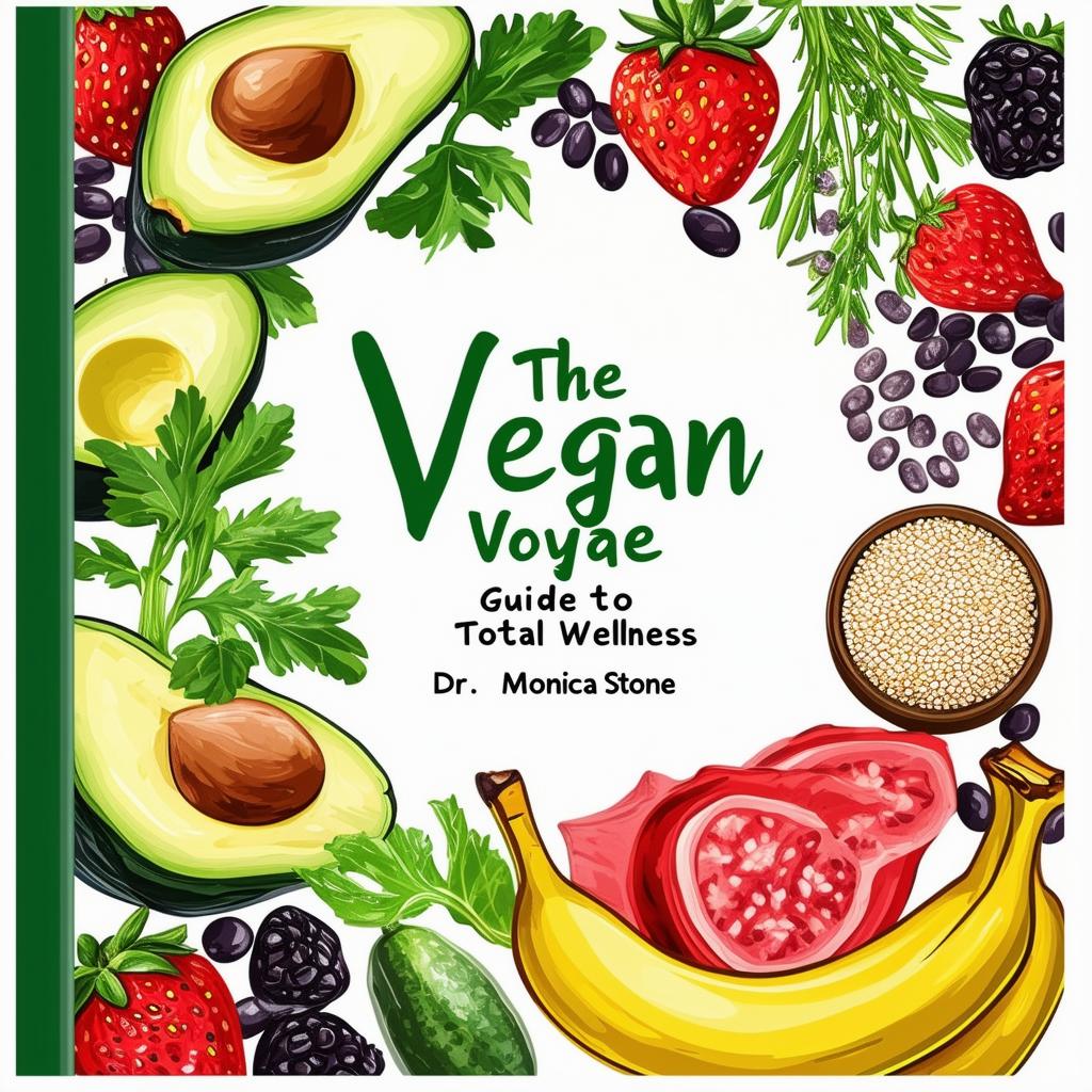 Create a vibrant and inviting printable cookbook cover titled 'The Vegan Voyage: Guide to Total Wellness' by Dr