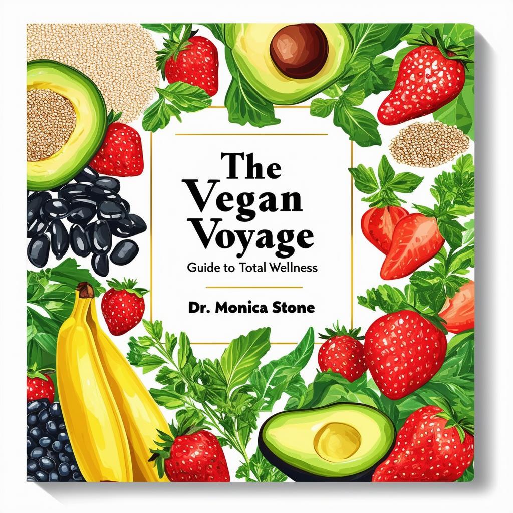 Create a vibrant and inviting printable cookbook cover titled 'The Vegan Voyage: Guide to Total Wellness' by Dr