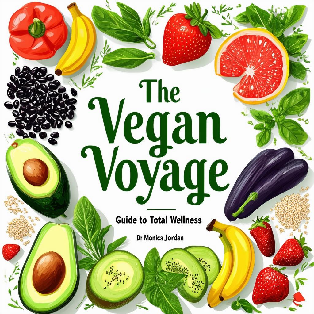 Create a vibrant and inviting printable cookbook cover titled 'The Vegan Voyage: Guide to Total Wellness' by Dr