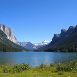 A serene landscape featuring a calm lake surrounded by lush greenery and tall mountains in the background under a clear blue sky