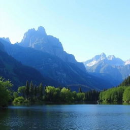 A serene landscape featuring a calm lake surrounded by lush greenery and tall mountains in the background under a clear blue sky