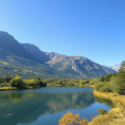 A serene landscape featuring a calm lake surrounded by lush greenery and tall mountains in the background under a clear blue sky