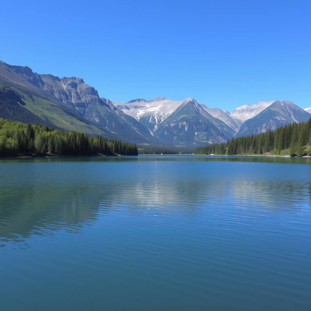 A serene landscape featuring a calm lake surrounded by lush greenery and tall mountains in the background under a clear blue sky