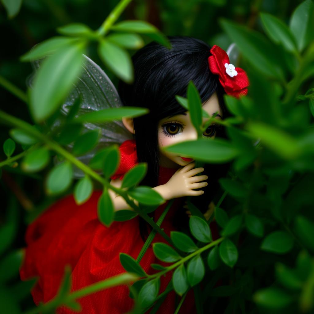 A small fairy with black hair wearing a red dress, adorned with a hair clip, is hiding behind thick green foliage