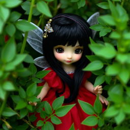 A small fairy with black hair wearing a red dress, adorned with a hair clip, is hiding behind thick green foliage