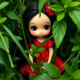 A small fairy with black hair wearing a red dress, adorned with a hair clip, is hiding behind thick green foliage