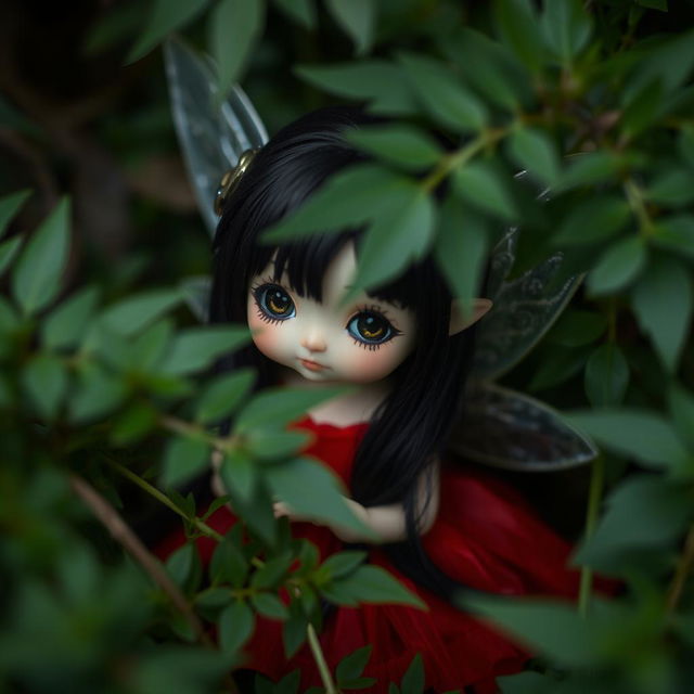 A small fairy with black hair wearing a red dress, adorned with a hair clip, is hiding behind thick green foliage