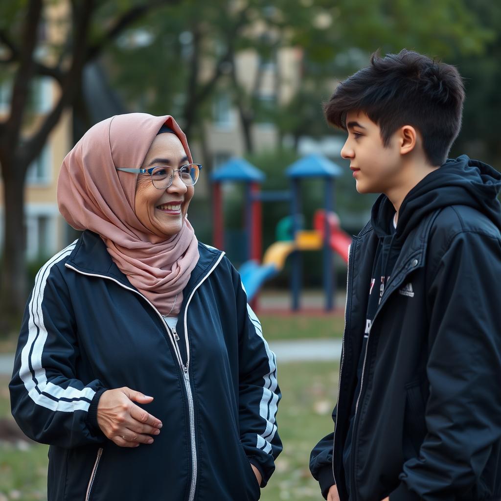 An elderly Muslim mother, dressed in a modern tracksuit, is engaging in a friendly conversation with a teenage emo boy