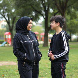 An elderly Muslim mother, dressed in a modern tracksuit, is engaging in a friendly conversation with a teenage emo boy