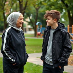 An elderly Muslim mother, dressed in a modern tracksuit, is engaging in a friendly conversation with a teenage emo boy