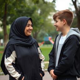 An elderly Muslim mother, dressed in a modern tracksuit, is engaging in a friendly conversation with a teenage emo boy