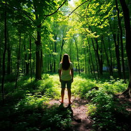 A figure standing in a lush, green forest