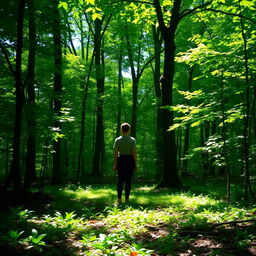 A figure standing in a lush, green forest