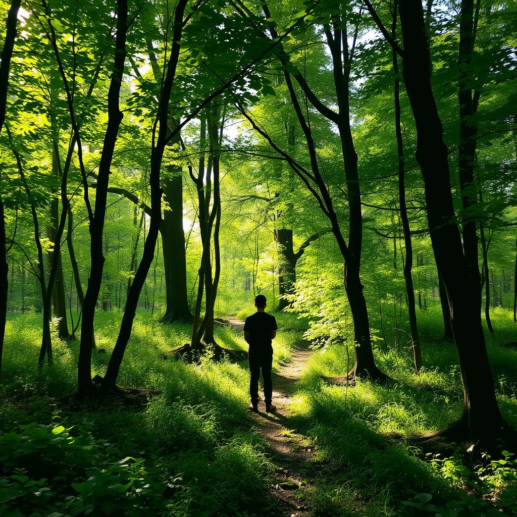 A figure standing in a lush, green forest