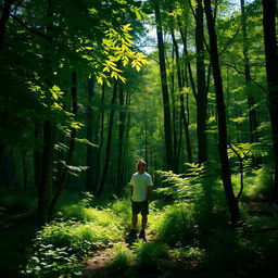 A figure standing in a lush, green forest