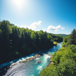 A beautiful and serene landscape featuring a lush green forest with a clear blue river flowing through it, under a bright sunny sky with a few fluffy white clouds