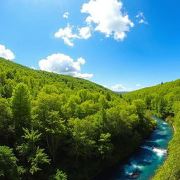 A beautiful and serene landscape featuring a lush green forest with a clear blue river flowing through it, under a bright sunny sky with a few fluffy white clouds