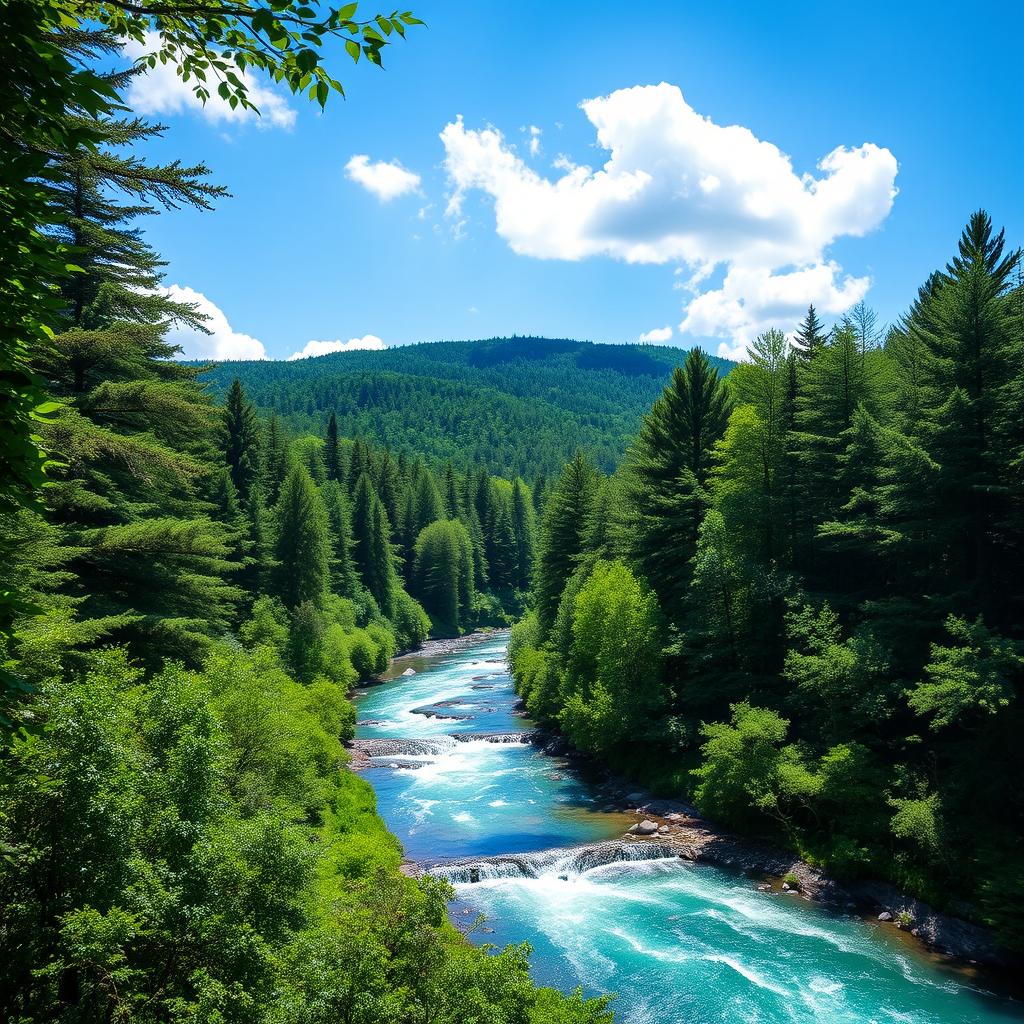 A beautiful and serene landscape featuring a lush green forest with a clear blue river flowing through it, under a bright sunny sky with a few fluffy white clouds