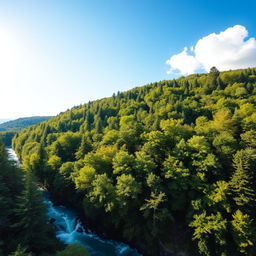 A beautiful and serene landscape featuring a lush green forest with a clear blue river flowing through it, under a bright sunny sky with a few fluffy white clouds