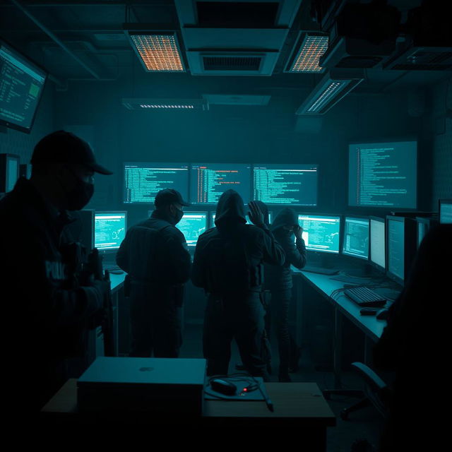 A dramatic scene depicting the capture of a hacker group