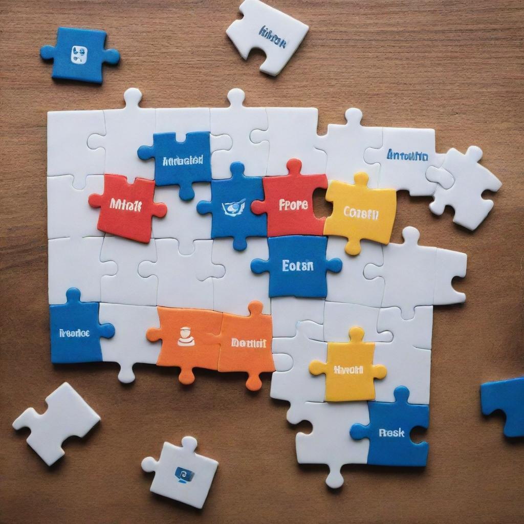 A detailed puzzle with various pieces representing the key services offered by a social media manager, such as content creation, analytics, community engagement, and advertising strategy.