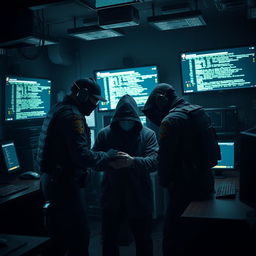 A dramatic scene depicting the capture of a hacker group