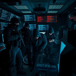 A dramatic scene depicting the capture of a hacker group