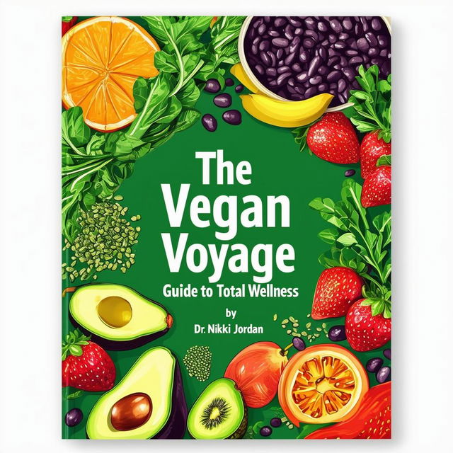 Create a vibrant and inviting printable cookbook cover titled 'The Vegan Voyage: Guide to Total Wellness' by Dr