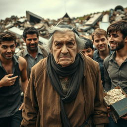 An angry old Jewish mother, with traditional clothing and a stern expression, is in a dump, surrounded by young men who appear flirtatious