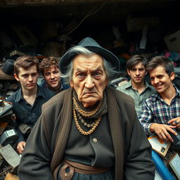 An angry old Jewish mother, with traditional clothing and a stern expression, is in a dump, surrounded by young men who appear flirtatious