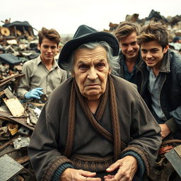 An angry old Jewish mother, with traditional clothing and a stern expression, is in a dump, surrounded by young men who appear flirtatious